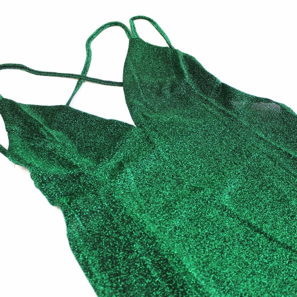 Open Back Strappy Lurex Glitter Green Mini Dress - Picture 7 of 8